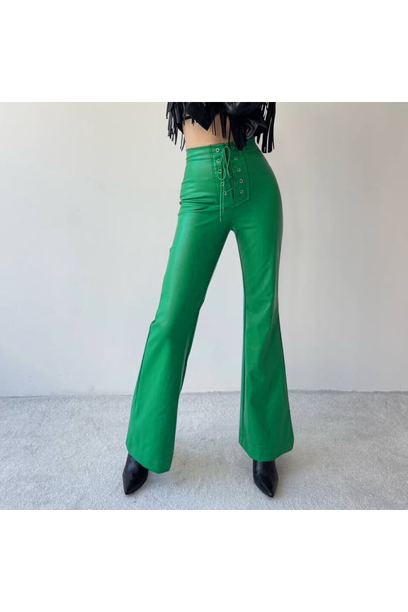 Autumn And Winter New European And Women's High Waisted Bootcut Stretch Metal Hole Strap PU Imitation Leather Fashion Slacks Women Women Winter Pants Casual Soft Pants Women Casual Jogging Pants Women