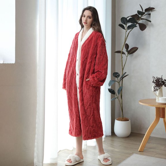 Autumn Winter New Jacquard Soft Cotton Velvet Home Sleep Robe Women's Nightdress Long Sleeve Warm Comfortable Loungewear Wearable Outside Nightgown