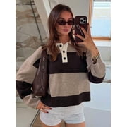 Autumn/Winter New Womens Fashion Street Minimalist Retro Color-Block Striped Sexy Casual Loose Knit Sweater , Casual Blouse For Women, Tops For Going Out, Off The Shoulder, Vintage, Striped, Back To
