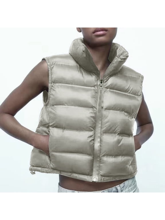 Autumn And Winter New Women's Zipper Vest Standing Collar Short Sleeveless Padded Vest Tan Jacket Women Women Fall Clothes Vest for Women Dressy Warm Jackets for Women Womens Casual Coats And Jackets
