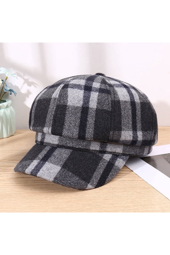 Autumn And Winter New Woolen Octagonal Hat Color Matching Plaid Fashion Art Beret Painter Hat Retro Grace Men's And  Women Newsboy Baker Boy Cap Warm Thick Plaid Peaked Beret Cabbie Sun Artist Hat