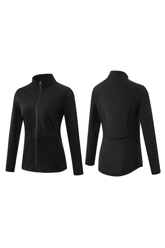 Autumn Winter Plush Nylon Yoga Fitness Coat Women's Full-Zip Jacket Stretchy Running Long Sleeve - Black