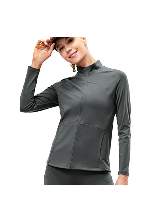 Autumn Winter Plush Nylon Yoga Fitness Coat Women's Full-Zip Jacket Stretchy Running Long Sleeve - Grey-10/XL