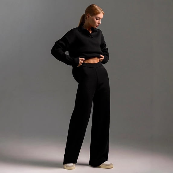 Autumn/Winter Polo Collar Casual Fashion Pullover Sweater + Wide-Leg Trousers Two-Piece Women's Clothing