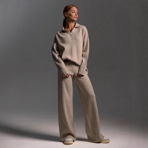 Autumn/Winter Polo Collar Casual Fashion Pullover Sweater + Wide-Leg Trousers Two-Piece Women's Clothing