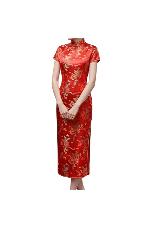 Autumn/Winter Retro Printed Cheongsam Dress Chinese-style Women's Qipao Dress Fashion Dress For Women Elegant Long Dress For Women Red L