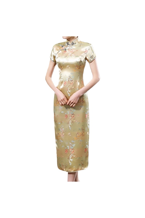 Autumn/Winter Retro Printed Cheongsam Dress Fashion Women Elegant Party Dress Sexy Easter Easter St. Patrick's Day Ladies Dress Gold M