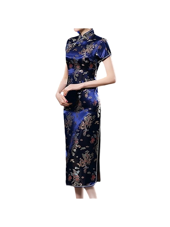 Autumn/Winter Retro Printed Cheongsam Dress Fashion Women Elegant Party Dress Sexy Easter Easter St. Patrick's Day Ladies Dress Navy L