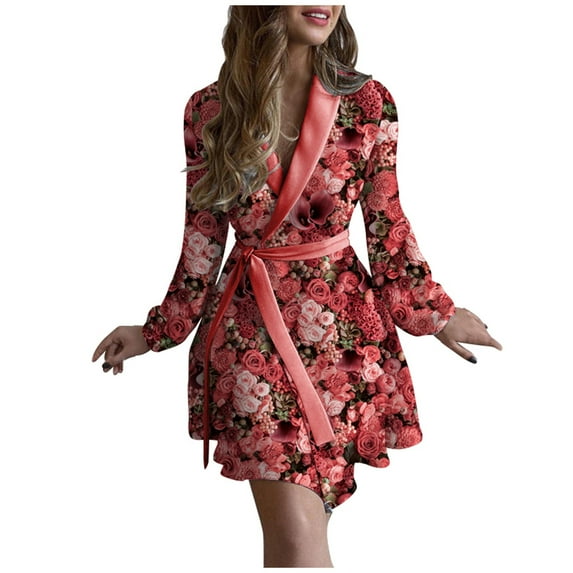 Autumn Winter Robe Kimono Women Fashion Rose Print Nightgown Pajamas Robes Warm Fleece Short Fuzzy Bathrobe Wrap Sleepwear (Watermelon Red,XXL)