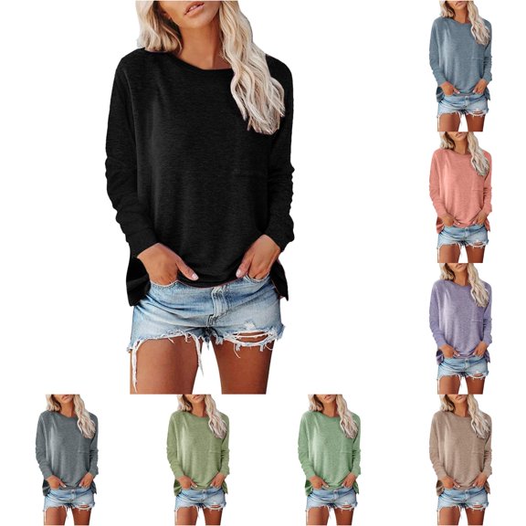 Autumn/Winter Round Neck Pocket Split Long Sleeve Casual Loose Top T Shirt for Woman Workout Shirts Loose Fashion Womens T Shirt Spandex T Shirt Women Women S Tops Short Sleeve Compression