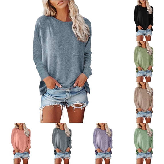 Autumn/Winter Round Neck Pocket Split Long Sleeve Casual Loose Top T Shirt for Woman Workout Shirts Loose Fashion Womens T Shirt Spandex T Shirt Women Women S Tops Short Sleeve Compression