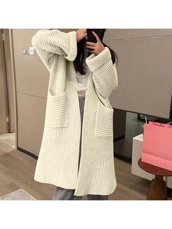 Autumn And Winter Thick Needle Sweater Women's Double Pocket Casual Lazy Wind Midi Sweater Jacket Cardigan Women's Loose Conceited Cardigan Sweater Long Size Cardigans Sweaters for Women 2017 plus