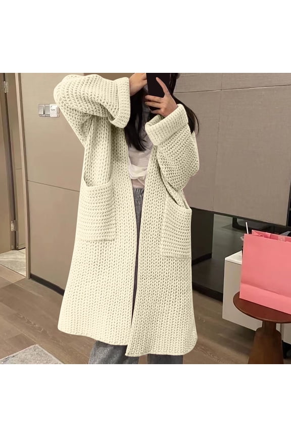 Autumn And Winter Thick Needle Sweater Women's Double Pocket Casual Lazy Wind Midi Sweater Jacket Cardigan Women's Loose Conceited Cardigan Sweater Long Size Cardigans Sweaters for Women 2017 plus