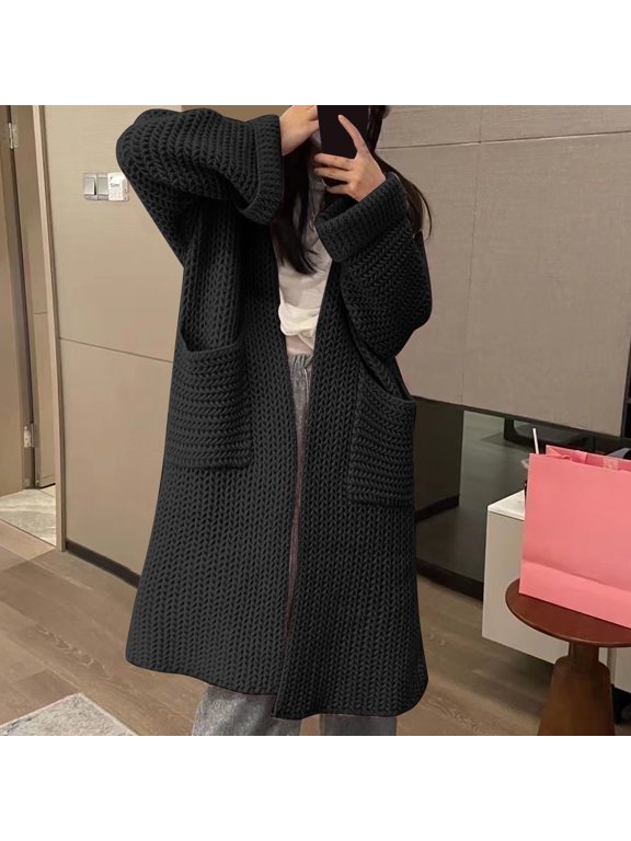 Autumn And Winter Thick Needle Sweater Women's Double Pocket Casual Lazy Wind Midi Sweater Jacket Cardigan Women's Loose Conceited Cardigan Sweater Long Size Cardigans Sweaters for Women 2017 plus