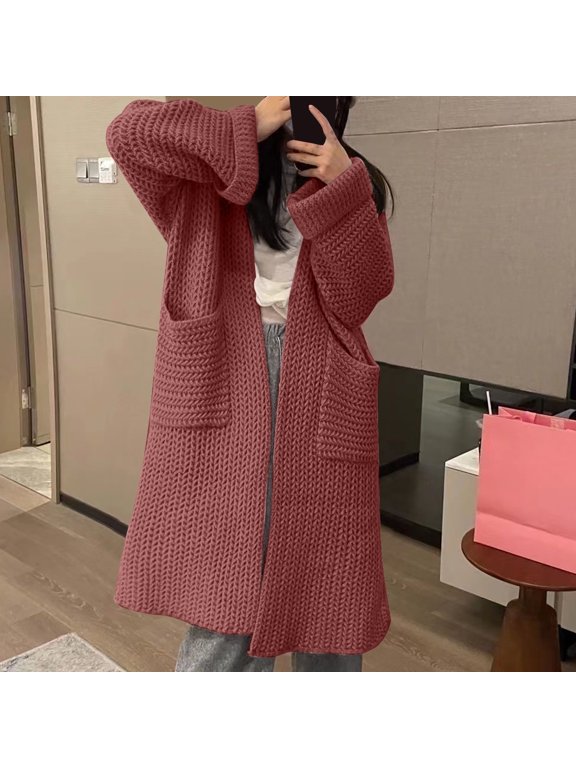 Autumn And Winter Thick Needle Sweater Women's Double Pocket Casual Lazy Wind Midi Sweater Jacket Cardigan Women's Loose Conceited Cardigan Sweater Long Size Cardigans Sweaters for Women 2017 plus