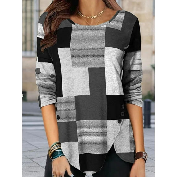 Autumn & Winter Tops for Women Casual Geometric Color Blocking Print Long Sleeve Round-Neck Top
