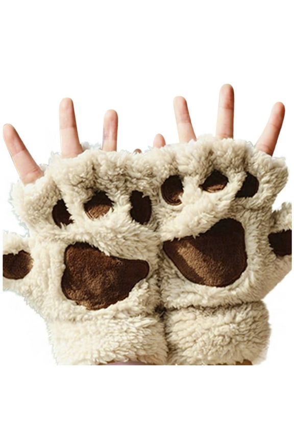 Autumn Winter Warm Gloves Cat'S Claw Gloves Plush Half-Finger Bear'S Paw Fingerless Gloves Cute Womens Thick Halter Gloves Cartoon Warm Gloves