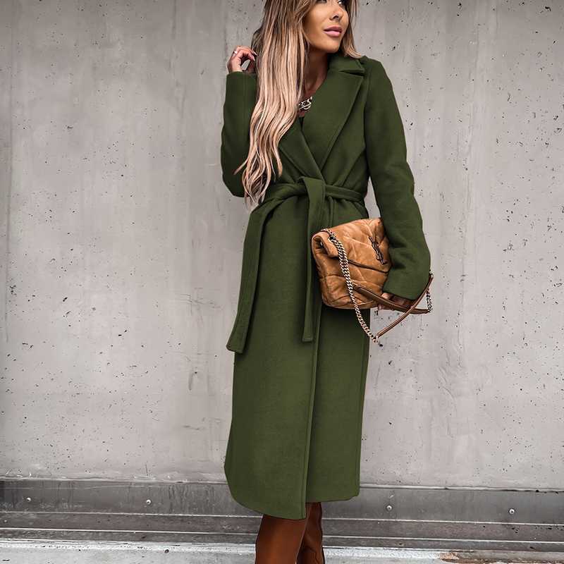 Autumn Winter Warm Long Women Woolen Coat with Belt Casual Elegant