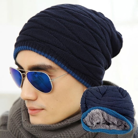 Autumn Winter Warm Men Stretch Plush Lined Slouch Knitted Hat Hip Hop Beanie