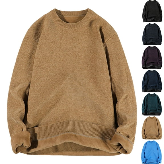 Autumn Winter Warm Sweaters for Men Solid Color Round Neck Long Sleeve Shirt Sweaters Fleece-Lined Thermal Top Cozy Mens Sweater for Winter M-XXXL Plus Size Available