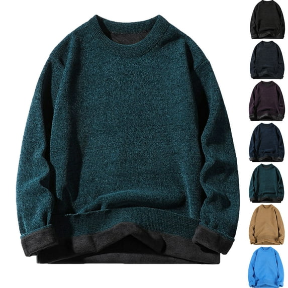 Autumn Winter Warm Sweaters for Men Solid Color Round Neck Long Sleeve Shirt Sweaters Fleece-Lined Thermal Top Cozy Mens Sweater for Winter M-XXXL Plus Size Available