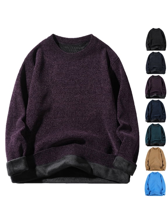 Autumn Winter Warm Sweaters for Men Solid Color Round Neck Long Sleeve Shirt Sweaters Fleece-Lined Thermal Top Cozy Mens Sweater for Winter M-XXXL Plus Size Available