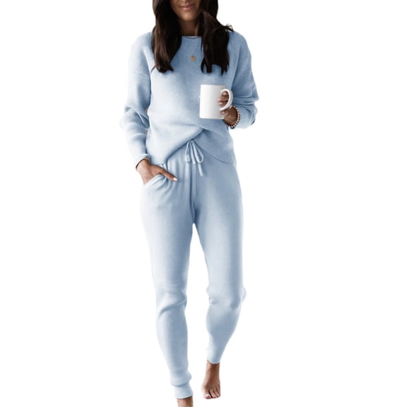 Autumn Winter Women Casual Knit Set Long Sleeve Sweater & Long Knit Pants