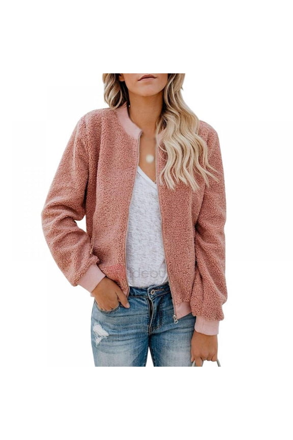 Autumn Winter Women Fleece Jacket Faux Fur Coat Fuzzy Long Sleeve Casual Zipper up Plush Bomber Coat