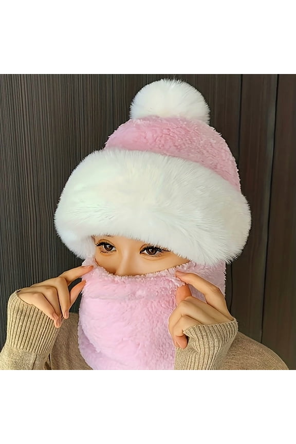 Autumn Winter Women Hat and Scarf Integrated Fleece Hat / Suitable for Cold Weather Cycling Neck, Head and Ear Coverage - Fashionable Light Luxury Ball Knitted Hat, Neck Warmer