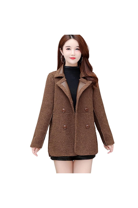 Autumn Winter Women Jacket Thickened Fleece Faux Leather Patchwork Dual-sided Reversible Mid Length Plus Size Pockets Double-breasted Notch Collar Overcoat