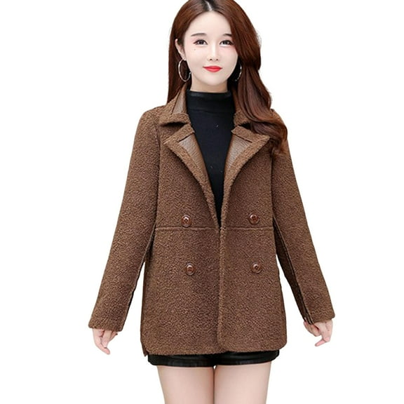 Autumn Winter Women Jacket Thickened Fleece Faux Leather Patchwork Dual-sided Reversible Mid Length Plus Size Pockets Double-breasted Notch Collar Overcoat