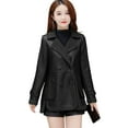 thumbnail image 1 of Autumn Winter Women Jacket Thickened Fleece Faux Leather Patchwork Dual-sided Reversible Mid Length Plus Size Pockets Double-breasted Notch Collar Overcoat, 1 of 8