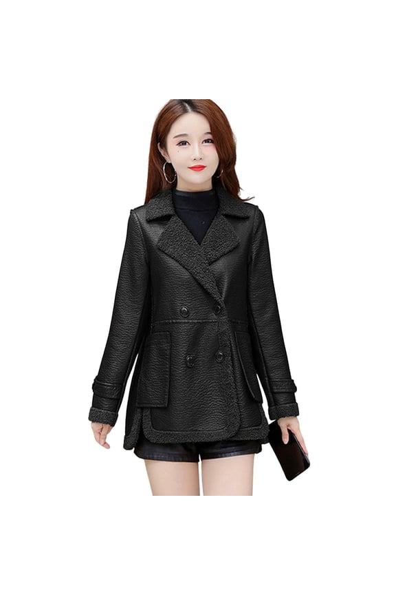 Autumn Winter Women Jacket Thickened Fleece Faux Leather Patchwork Dual-sided Reversible Mid Length Plus Size Pockets Double-breasted Notch Collar Overcoat