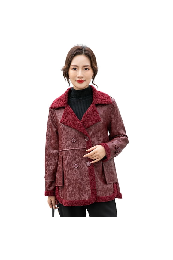 Autumn Winter Women Jacket Thickened Fleece Faux Leather Patchwork Dual-sided Reversible Mid Length Plus Size Pockets Double-breasted Notch Collar Overcoat