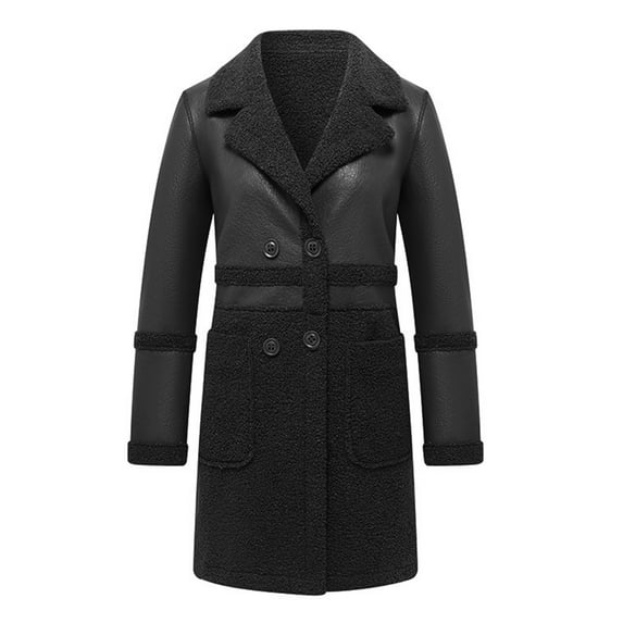 Autumn Winter Women Jacket Thickened Plush Faux Leather Patchwork Mid Length Plus Size Patch Pockets Double-breasted Turn-down Collar Overcoat