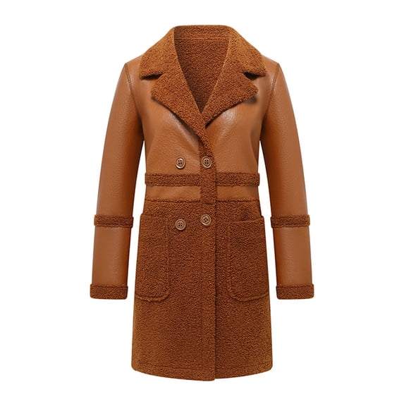 Autumn Winter Women Jacket Thickened Plush Faux Leather Patchwork Mid Length Plus Size Patch Pockets Double-breasted Turn-down Collar Overcoat