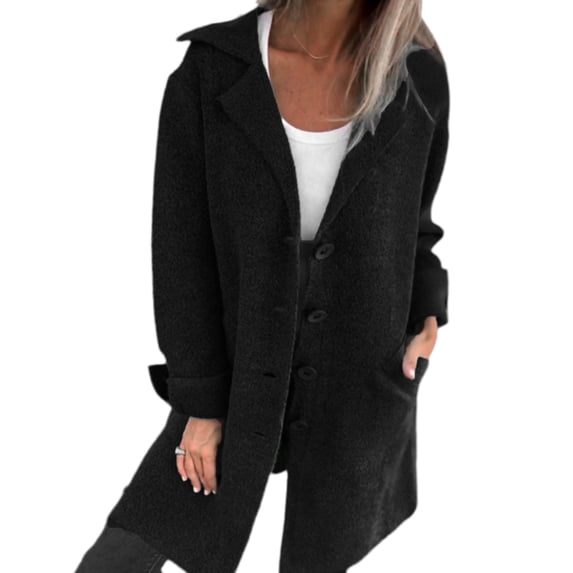 Autumn Winter Women Jacket Turn-down Collar Single-breasted Long Sleeves Loose Solid Color Woolen Coat Pockets Mid Length Commuting Dating Overcoat