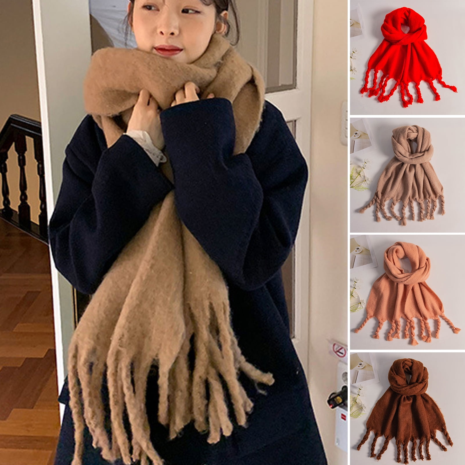 1pc Ladies' Thickened Faux Cashmere Solid Color Pearl Decorated Warm Tassel Scarf  Shawl For Party, Gathering, Autumn And Winter
