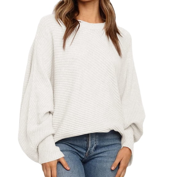 Autumn Winter Women Solid Color Oversized Round Neck Bat Sleeve Loose Sweater Casual Top