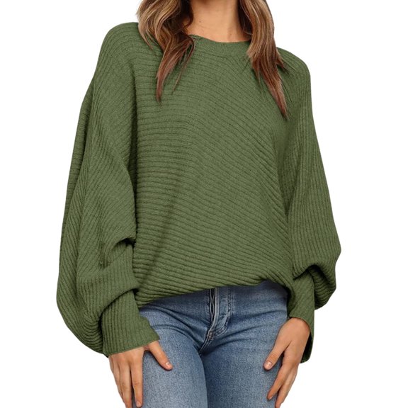 Autumn Winter Women Solid Color Oversized Round Neck Bat Sleeve Loose Sweater Casual Top