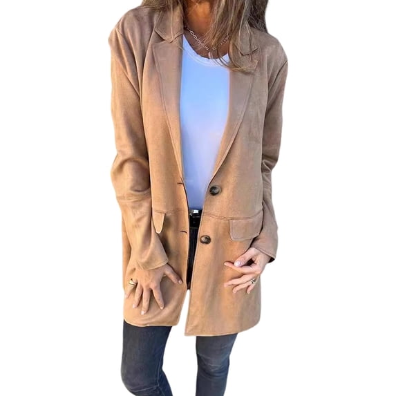 Autumn Winter Women Suit Coat Turn-down Collar Mid Length Pure Color Fake Flap Pocket Single-breasted Commuting Shopping Jacket