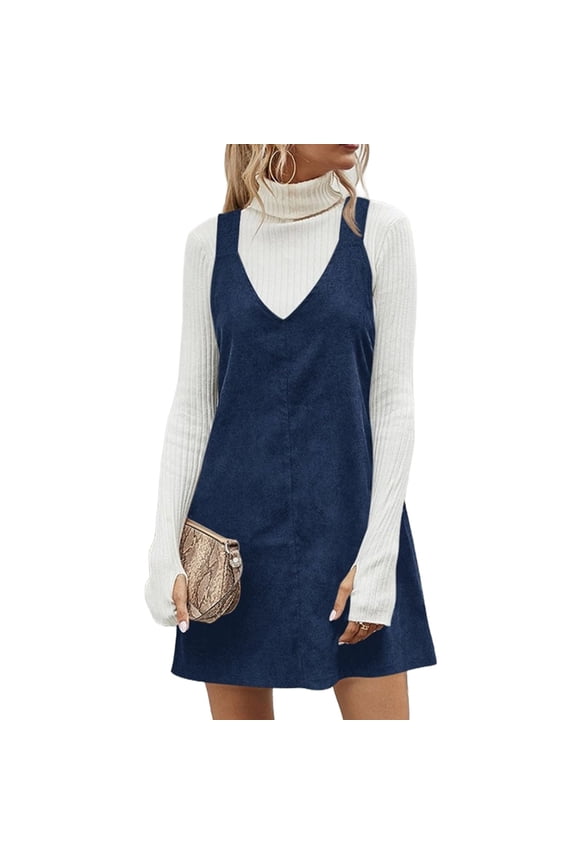 Autumn Winter Women V Neck Corduroy Overall Dress Casual Loose Mini Dress