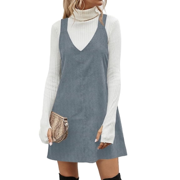 Autumn Winter Women V Neck Corduroy Overall Dress Casual Loose Mini Dress