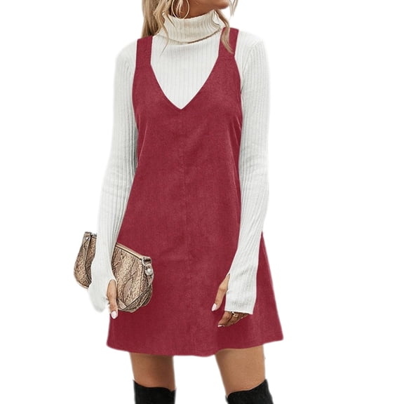 Autumn Winter Women V Neck Corduroy Overall Dress Casual Loose Mini Dress