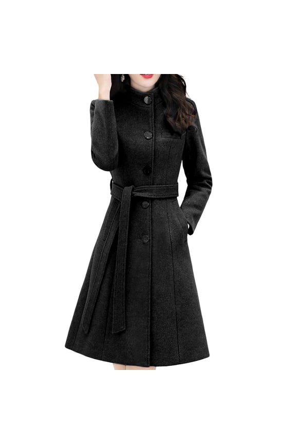Autumn Winter Women Woolen Coat Single-breasted Stand Collar Solid Color Overcoat Slim Fit Mid Length Outwear Streetwear