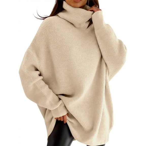 Autumn Winter Women's Casual Loose Knit Top Turtleneck Oversized Bat Sleeves Thick Pullover