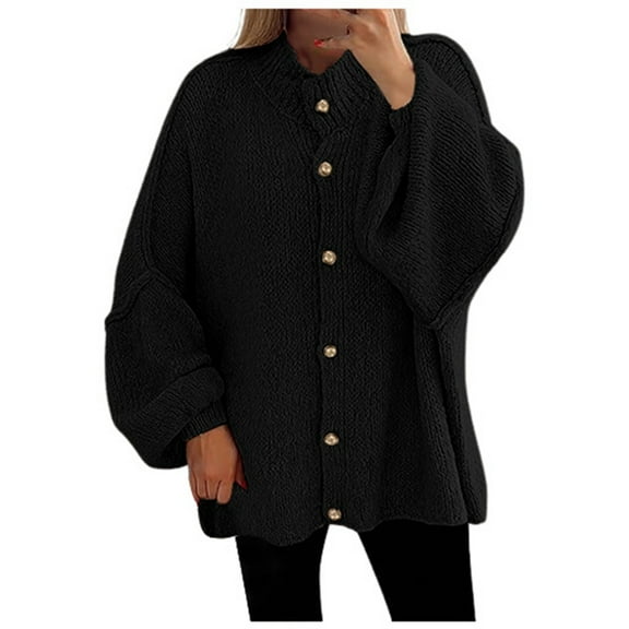 Autumn Winter Women's French Fashion Loose Round Neck with Metal Button Cardigan Sweater