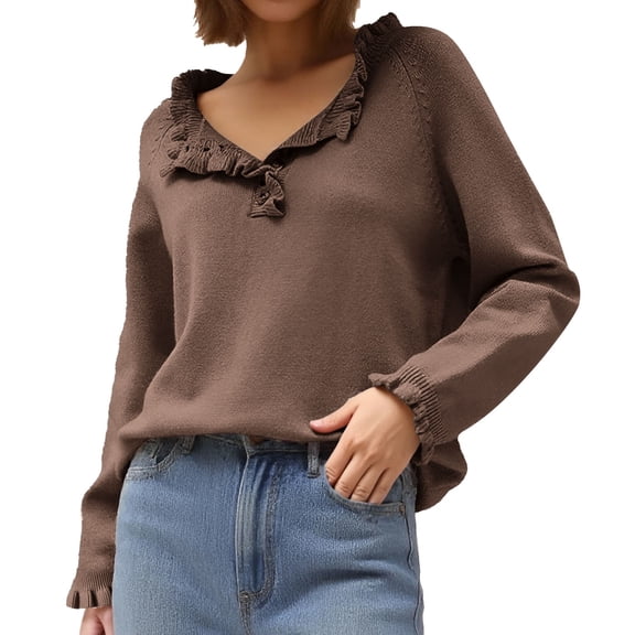 Autumn/Winter Women's Knitting Casual Long Sleeve Button Ruffle Pullover Sweater Soft and Stylish