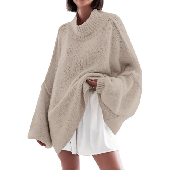 Autumn Winter Women's Long Sleeved Elegant High Neck Round Neck Bat Oversized Sweater Autumn Ribbed Knit Casual Jacket Tops