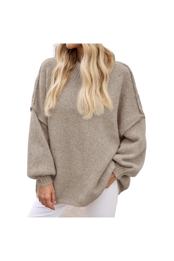 Autumn Winter Women's Long Sleeved Elegant High Neck Round Neck Bat Oversized Sweater Autumn Ribbed Knit Casual Jacket Tops